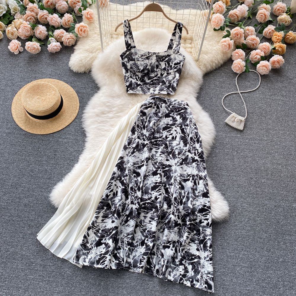 Women Dress Set Fashion Floral Print Pleated Long Skirts + Straps Short Tops Vacation Female Two Piece Suits