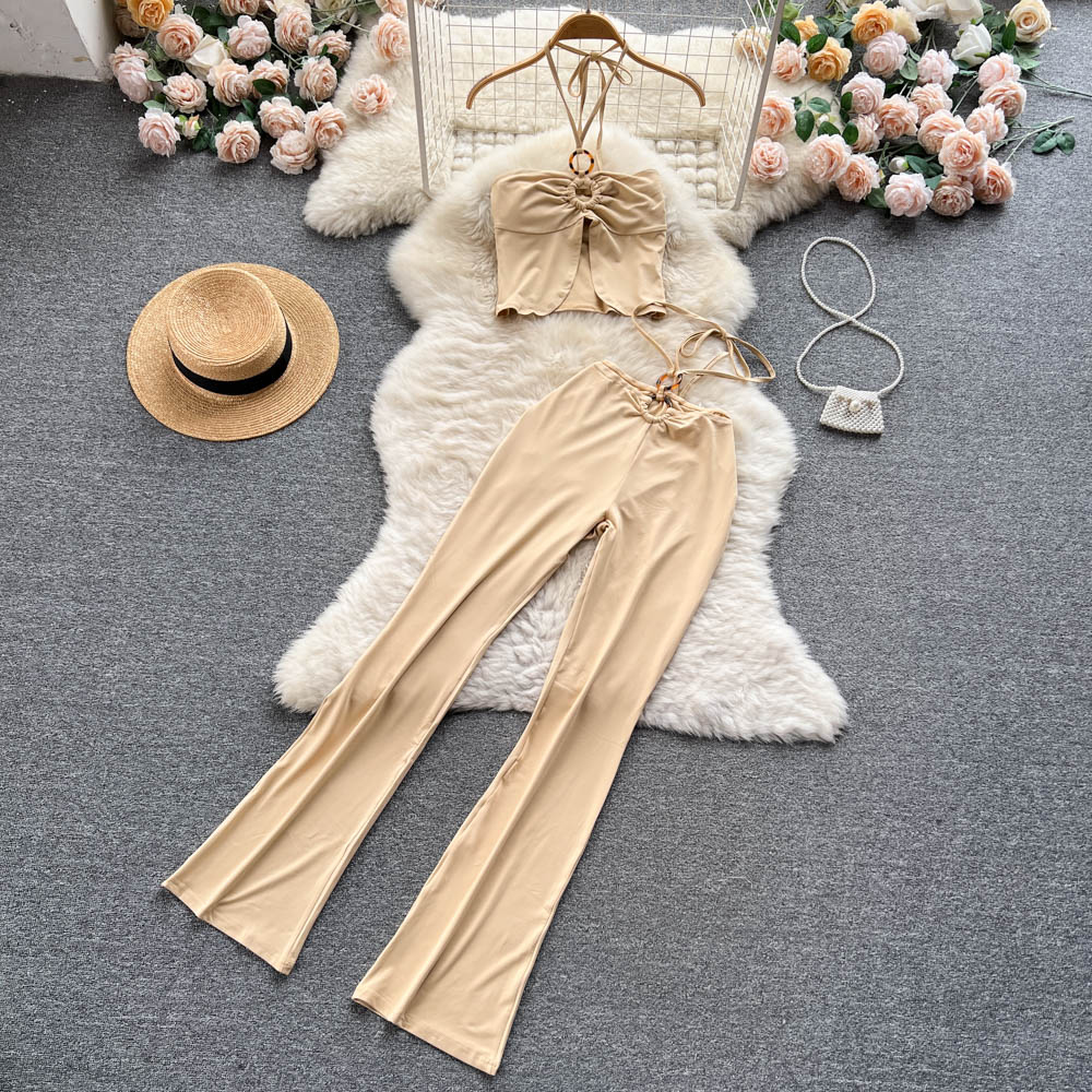 Women Dress Set Fashion Sexy Crop Tops + High Waist Bandage Long Pants Beach Two Piece Suits