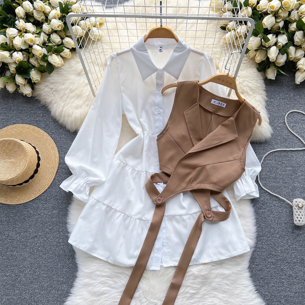 Women Dress Set Fashion White Short Blouse Dress + Asymmetrical Vests Female Suits Two Piece