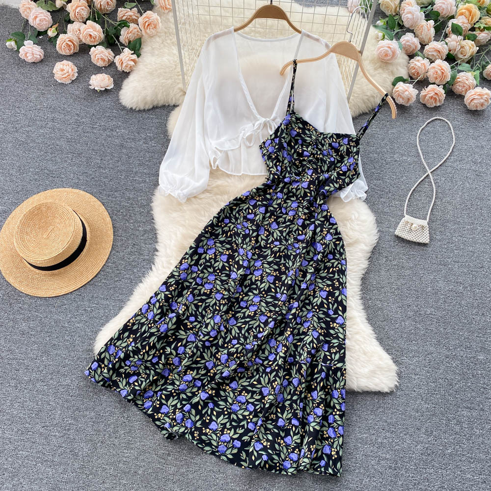 Women Dress Set Holiday Floral Strap Long Dress+ White Sun Protection Shawl Beach Tops Two-piece