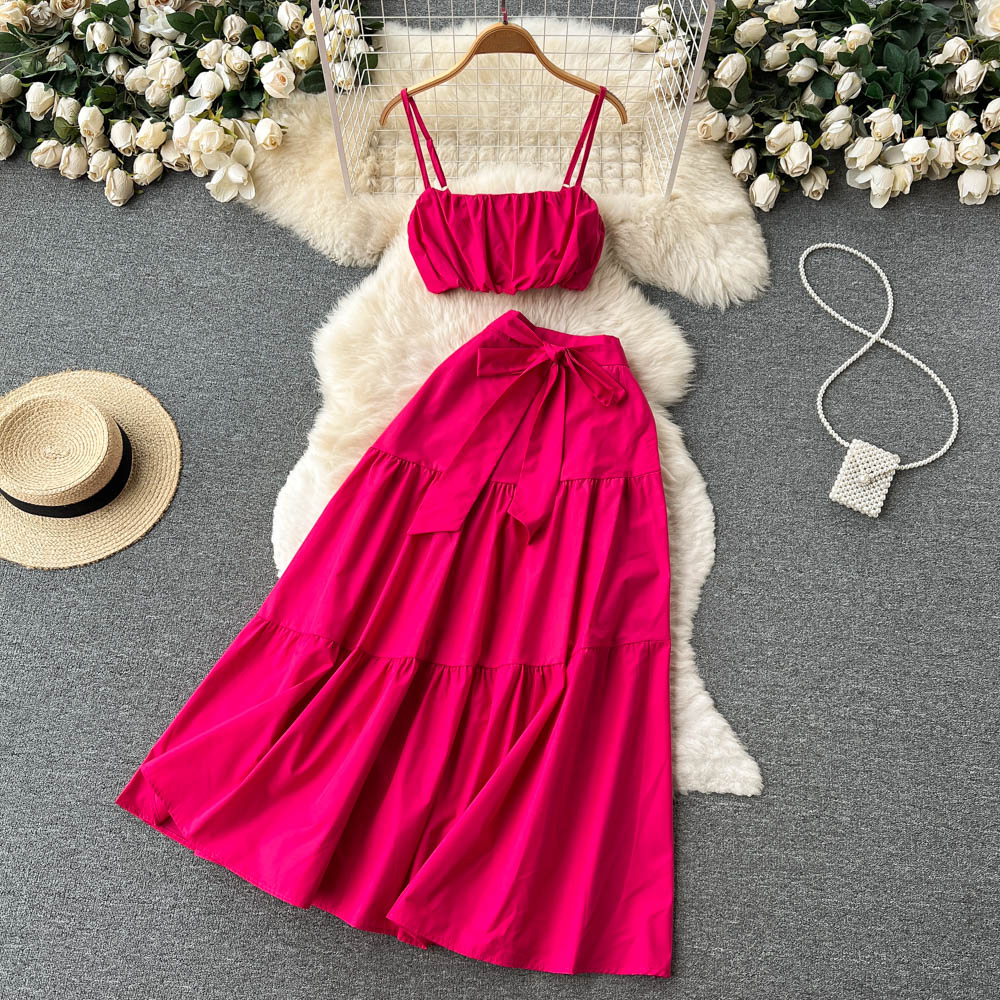 Women Dress Set Sexy Camis Tops + High Waist Lace-up Long Skirts Beach Two Piece Suits