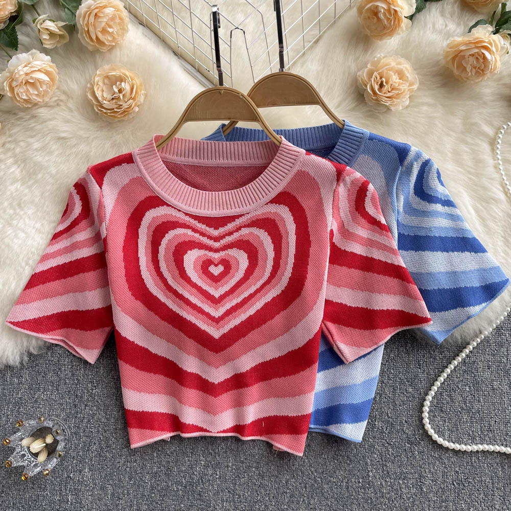 Women Short Sleeves Knitted Tops O Neck Elastic Waist Short T Shirt Style Heart Print Knit Blouse