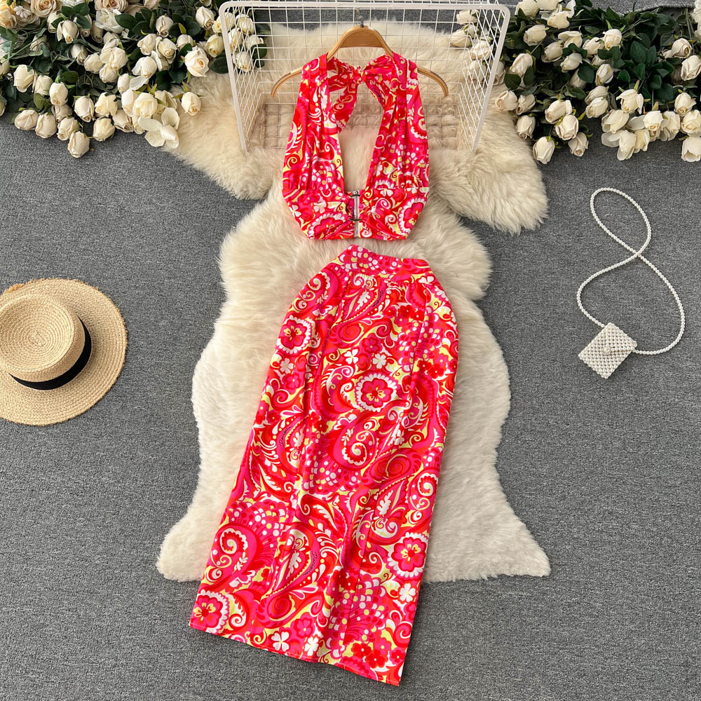 Women Slim Sexy Suits Print Floral Style Ladies V-neck Short Tops + Long  Skirts Two Peice Set on Luulla