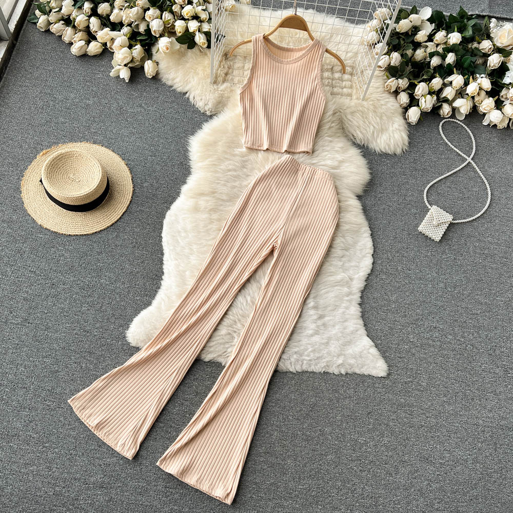 Women Two Piece Set Chic Sleeveless Crop Tops And Long Flare Pants Female Suits