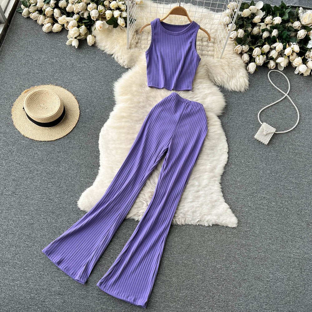 Women Two Piece Set Chic Sleeveless Crop Tops And Long Flare Pants Female Suits
