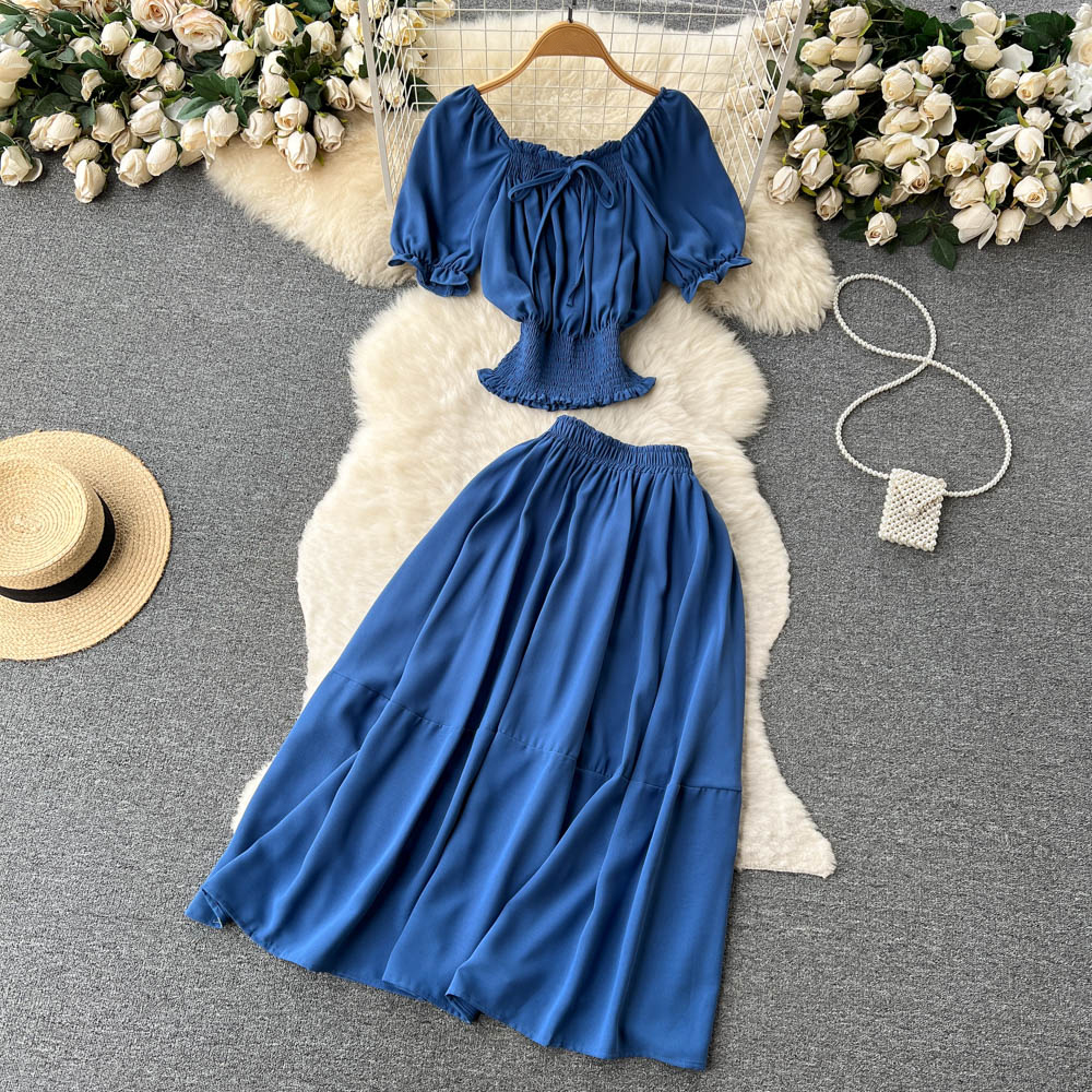 Women Two Piece Skirts Sets Chic Fashion Elastic Waist Crop Tops + A-line Long Skirts Solid Suits