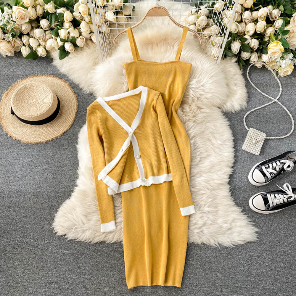 Women Two Piece Suits Long Sleeve Knitted Cardigans And Slim Elastic Spaghetti Strap Dress Elegant Office Sets