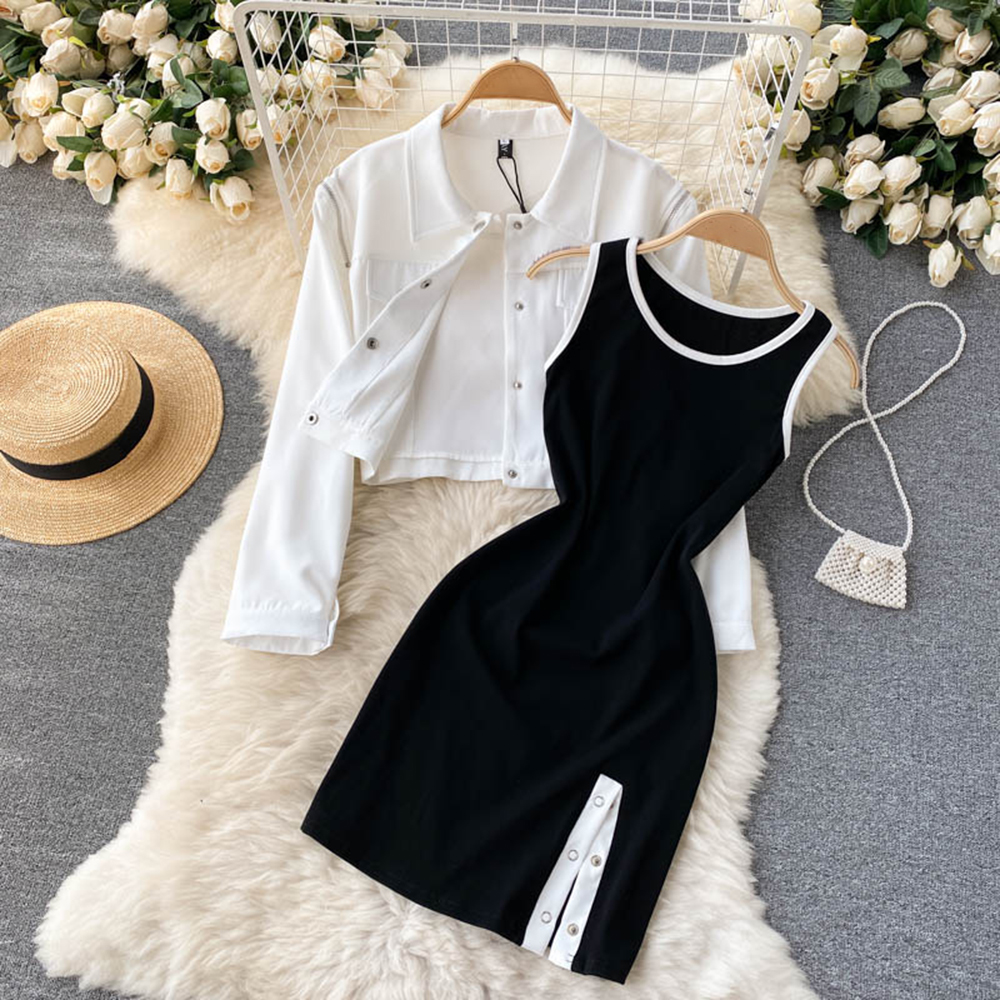 Women's Sets Fashion White Coats Black Split Mini Vest Dress Streetwear Lady Fashion Outfits Two Piece