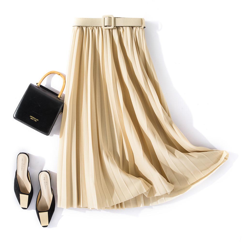 Fashion Solid Color High Waist Pleated A Line Medium And Long Skirt Women