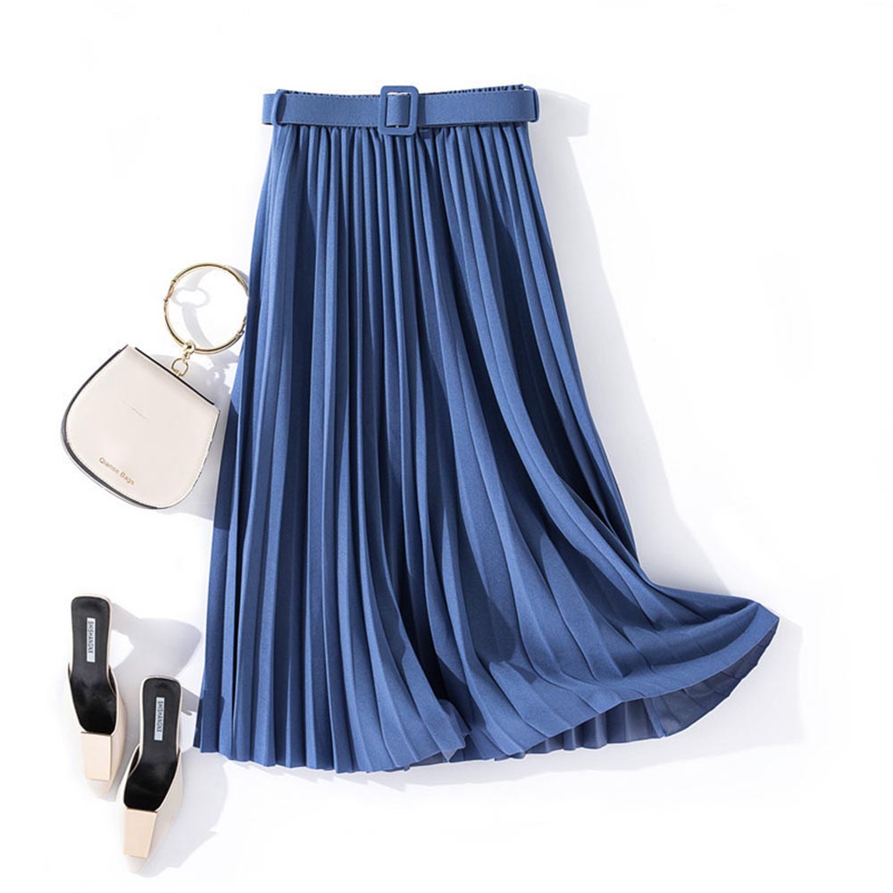 Fashion Solid Color High Waist Pleated A Line Medium And Long Skirt Women