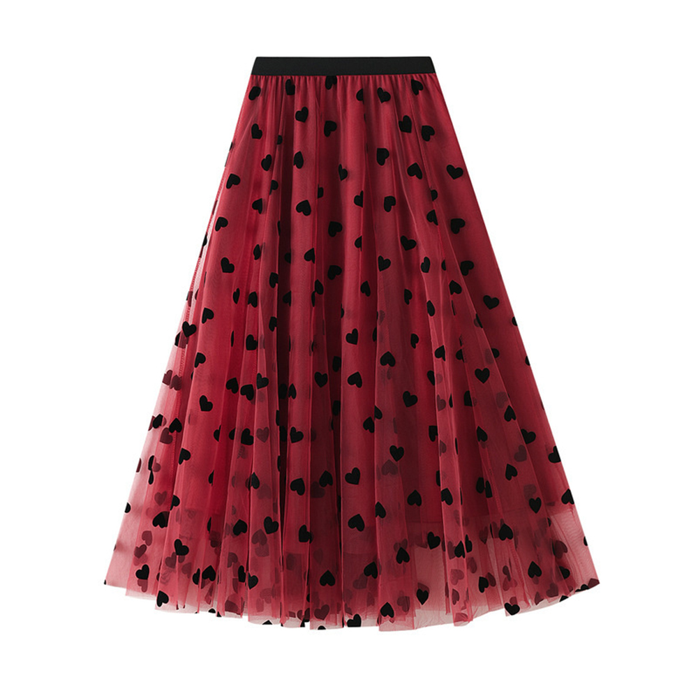 Vintage Contrast Love High Waist Mesh Puffy Skirt Women Mini Long Skirt
