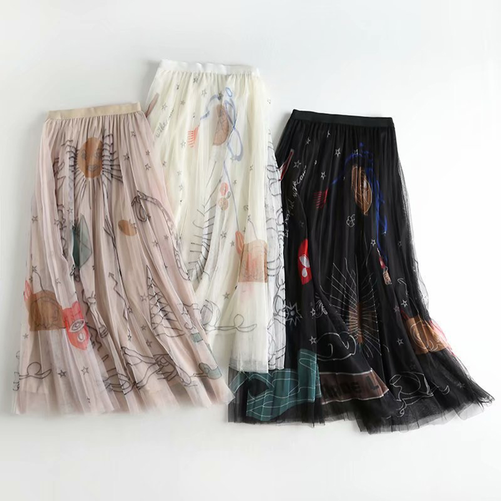 Fashion High Waist Slim A-line Swing Printed Mesh Pleated Mid-length Long Skirt Women