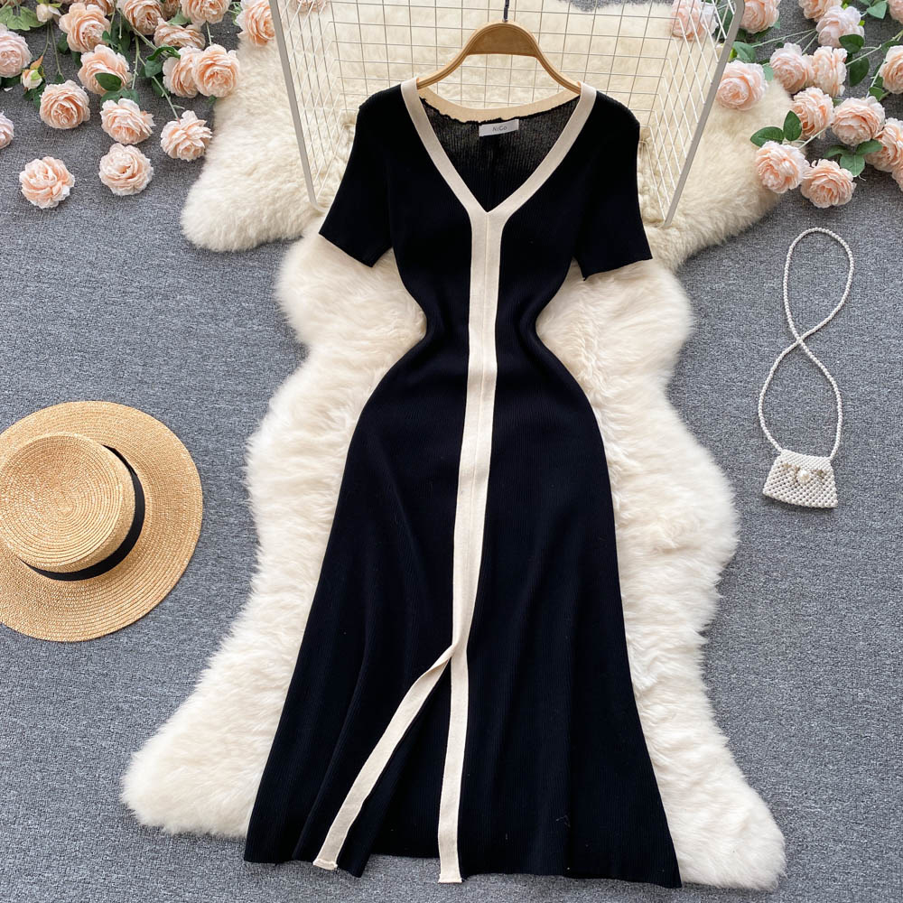Fashion Solid Color V-neck Temperament Slim Waist Short Sleeved Dresses For Women