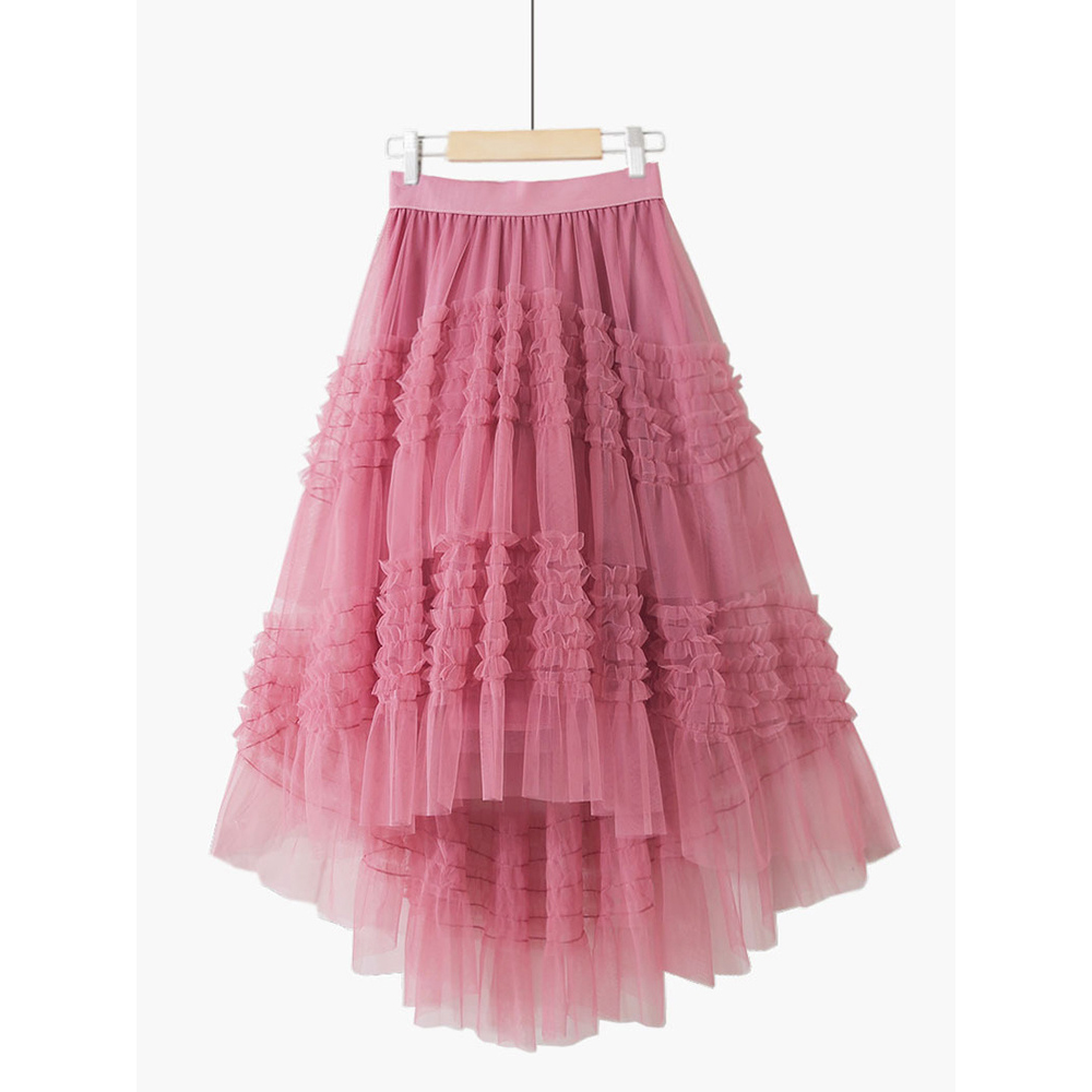 Fashion High Waist Lace Irregular Solid Color Cake Swing Stitching Mesh Skirt Women