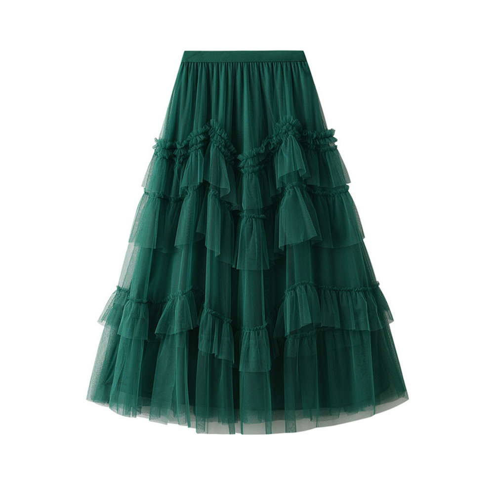 Fashion Elegant Cake Skirt Women Ruffles All-match Mesh Stitching High Waist Mini