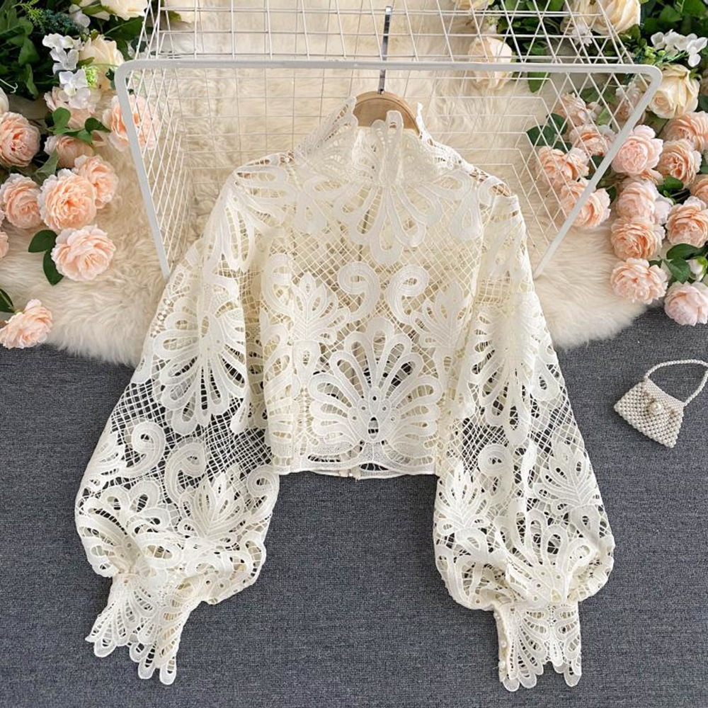 Women's Lace Hollowed Out Top Stand Collar Puff Sleeve Loose Sexy Short Shirt Slim Sweet Tops