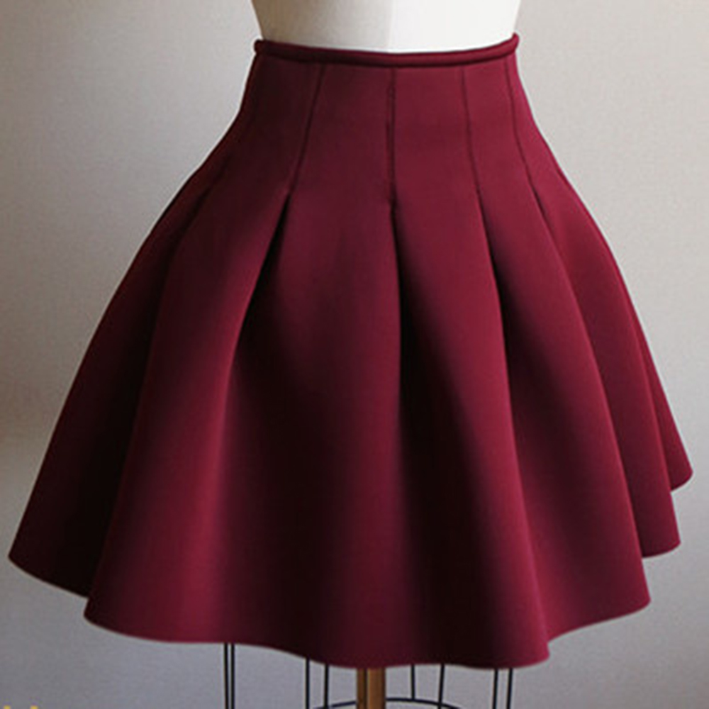 Solid Color Pleated Fluffy A-line Woolen High Waist Short Skirt Female