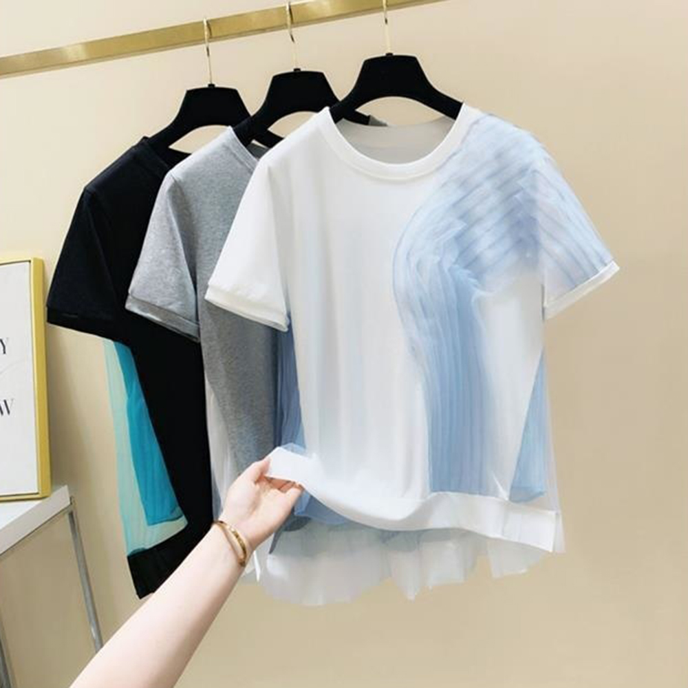 Women Panelled Mesh Pleated Patchwork Top T-shirt Round Neck Short Sleeve Tops