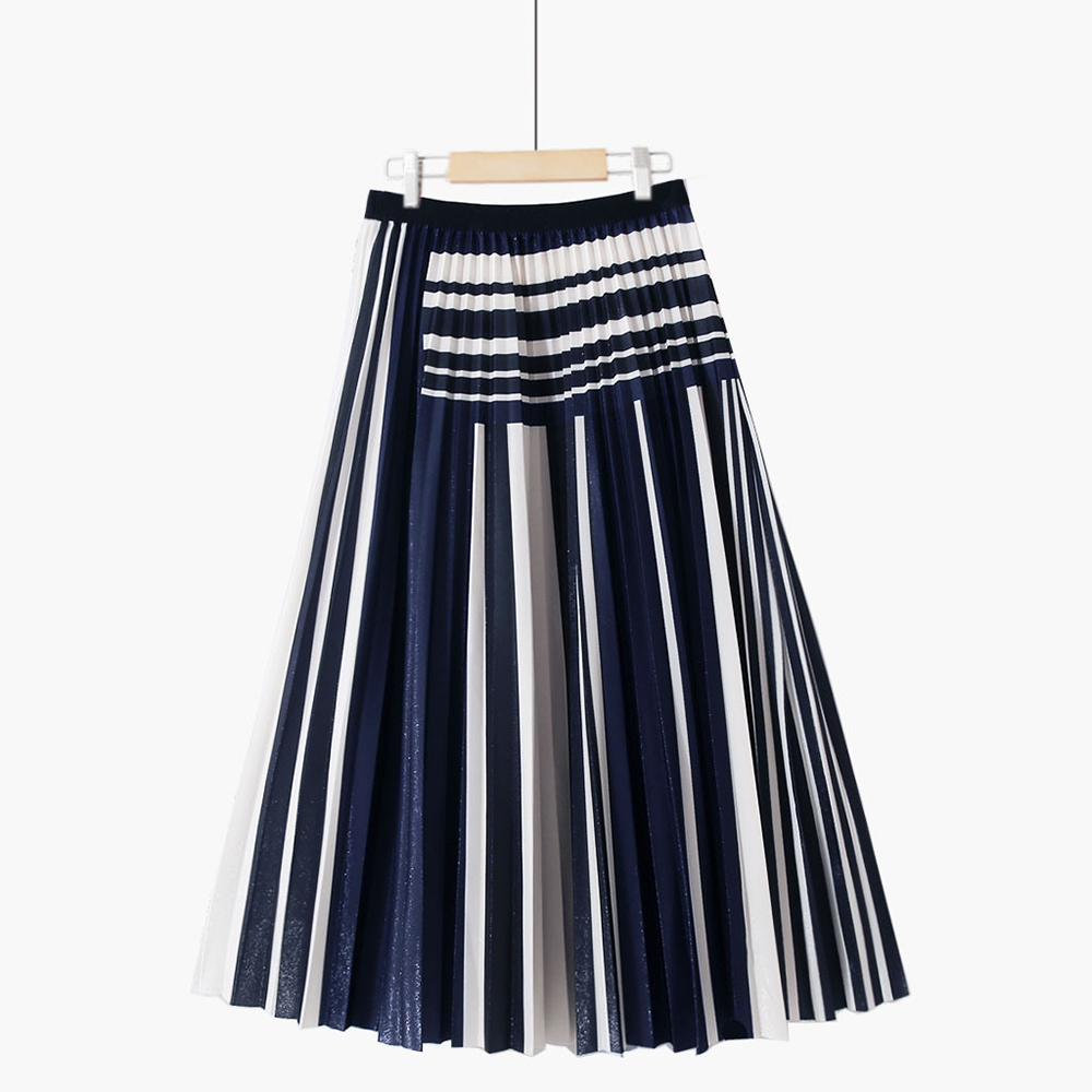 Fashion Shiny Simple Elegant Pleated Striped Stitching Slim Mid-length Pleated Skirt