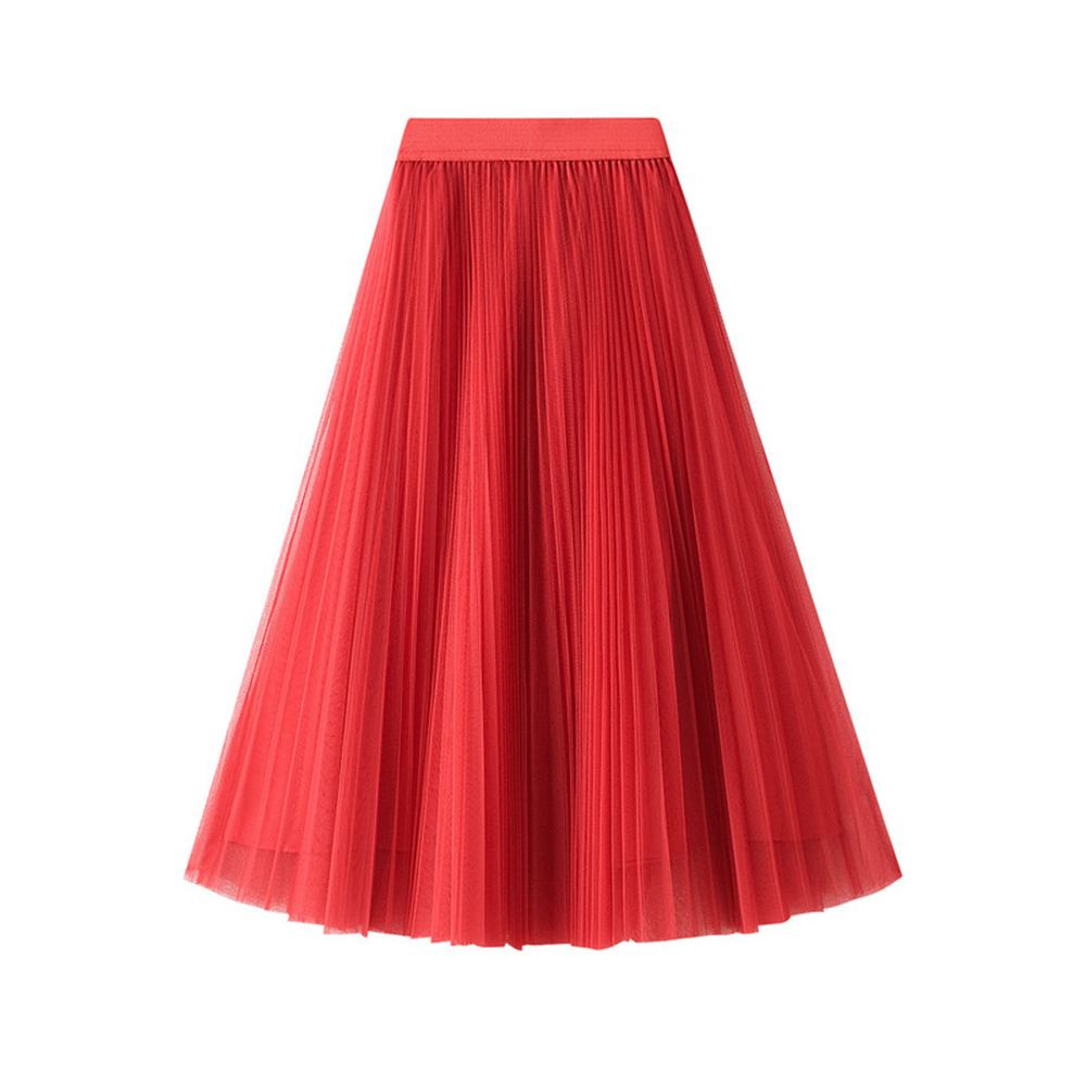 Fresh Sweet High Waist Midi Long Faldas Women Thin A-line Mesh Pleated Skirts