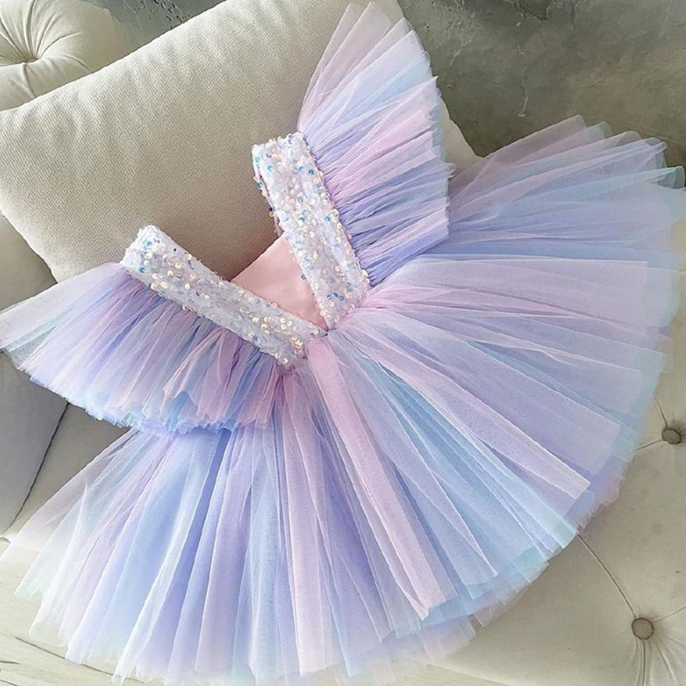 Elegant Girls Flower Puff Sleeve Dresses For Weddings Kids Formal Birthday Party Fairy Princess Cloth Children Tulle Vestidos