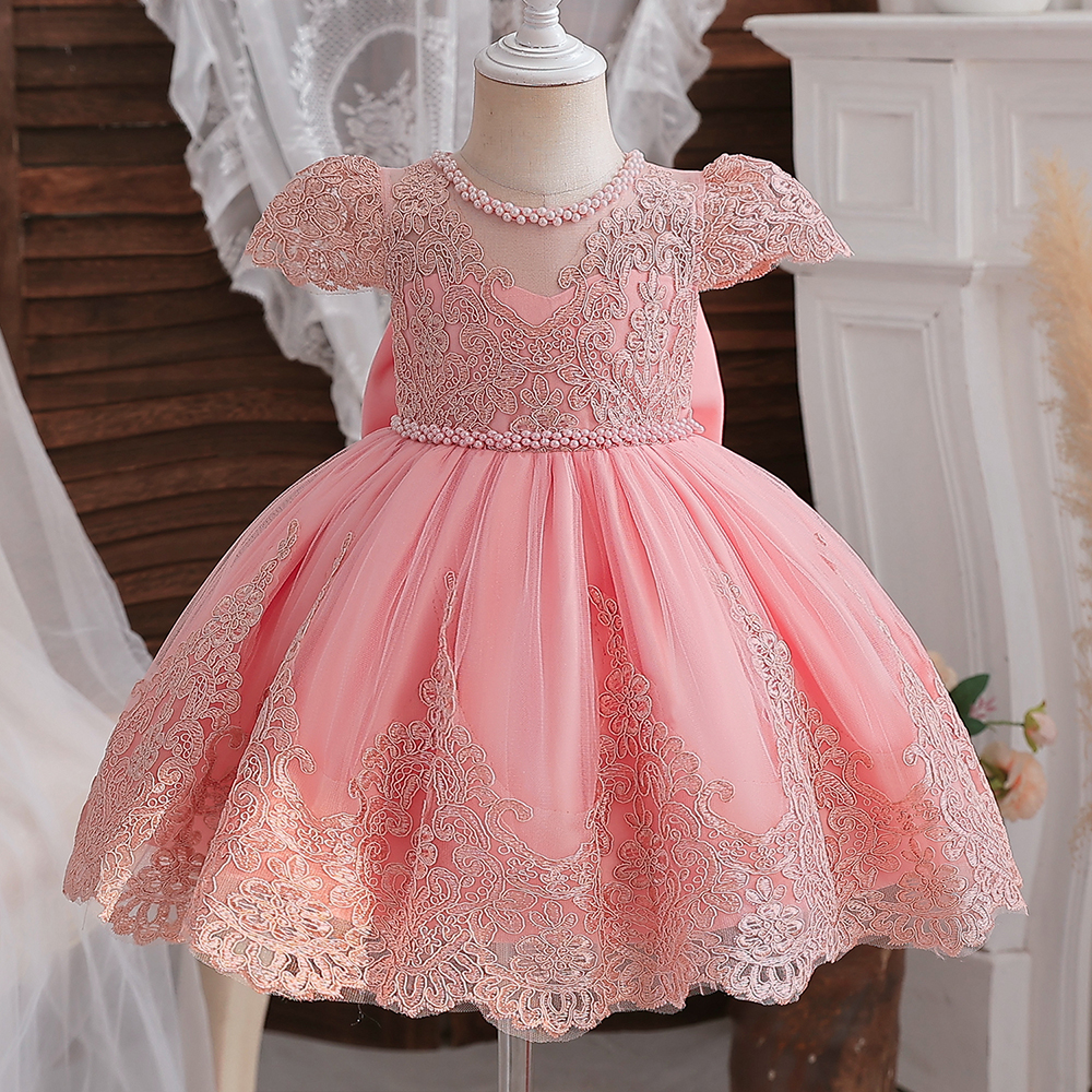 Vintage Girl Birthday Princess Dress Baby Embroidery Floral Bow Tutu Gown Flower Girl Wedding Dress Kid Formal Occasiongala Gown