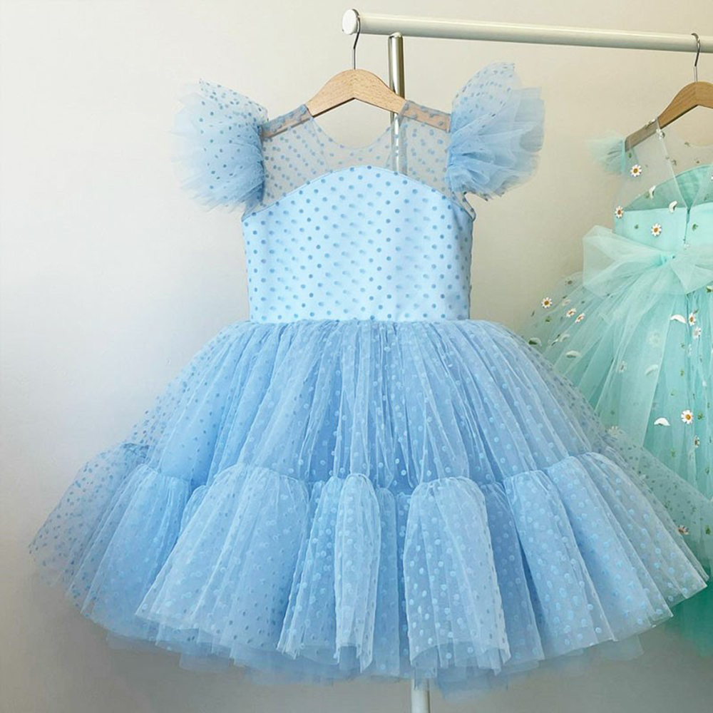 Girls Fluffy Princess Dress Girl Dots Ruffle Sleeve Tulle Tutu Gown Flower Girls Dresses For Wedding Kids Birthday Clothes