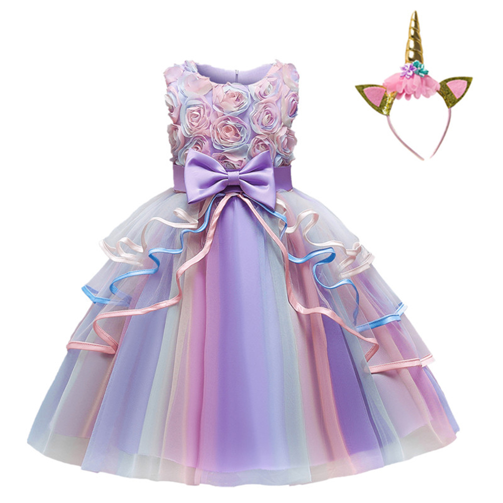 Girl Rainbow Layered Dresses For Bithday Party Flower Girl Bow Ball Gown Kid Fluffy Clothes For Wedding