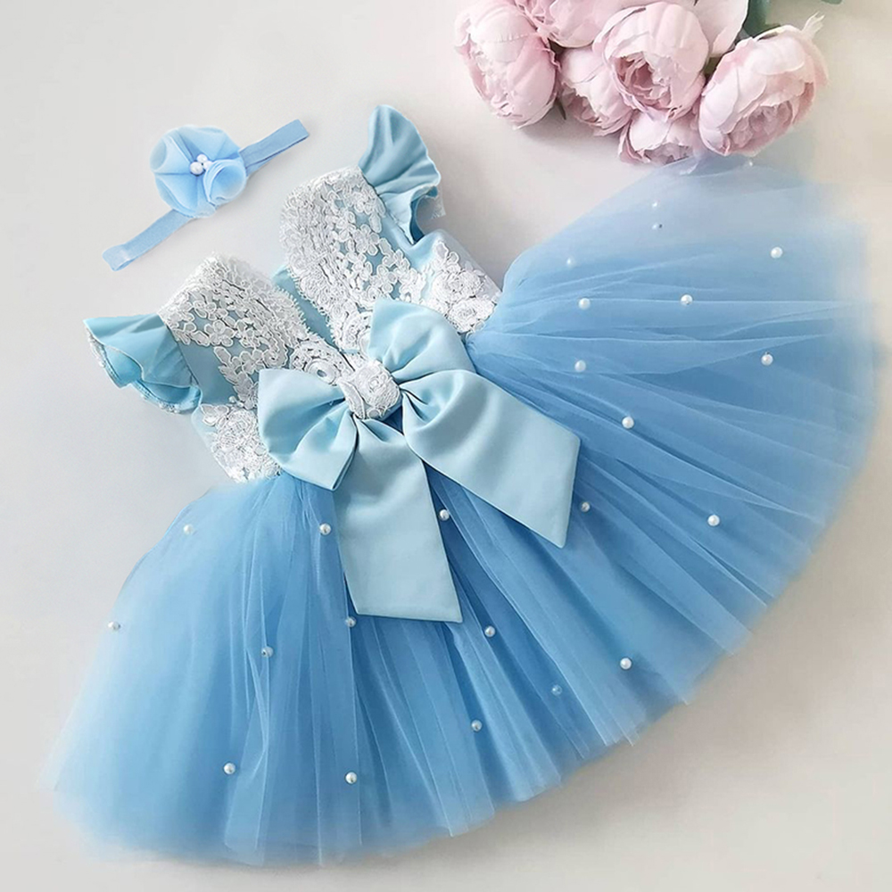 Baby Girl Bowknot Dress Lace Embroidery Tutu Dresses For Girls Birthday Party Toddler Flower Wedding Gown