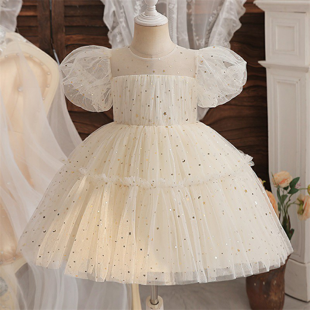 Girl Dresses For Weddings Sequin Rufflues Elegant Girls Party Dresses Puff Sleeve Birthday Princess Dress For Kids