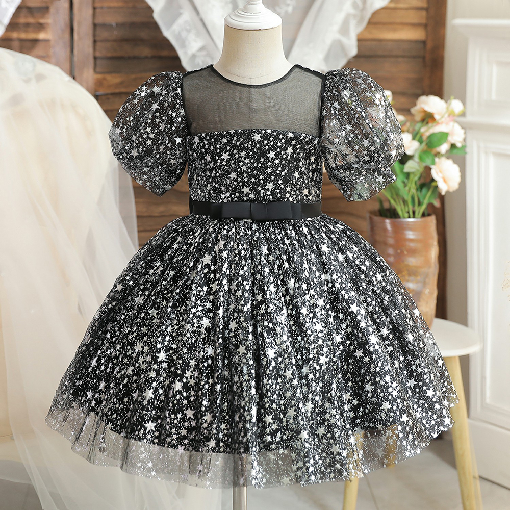Evening Party Princess Dress For Toddler Girl Star Sequined Bowknot Tulle Ball Gown For Birthday Girls Formal Gala Prom Costume