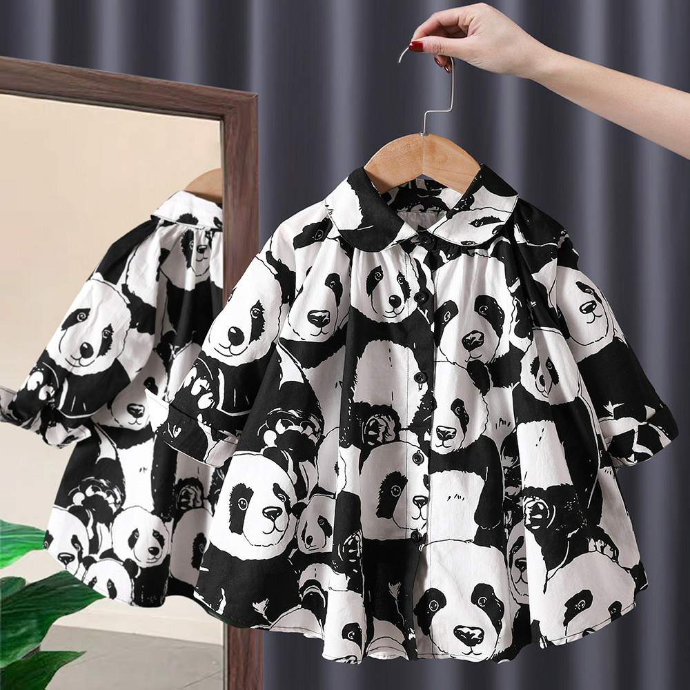 Girl Clothes Cool Panda Printing Dress Cotton Shirt Dress Outwear Kids Clothes Loose A-line Dresses