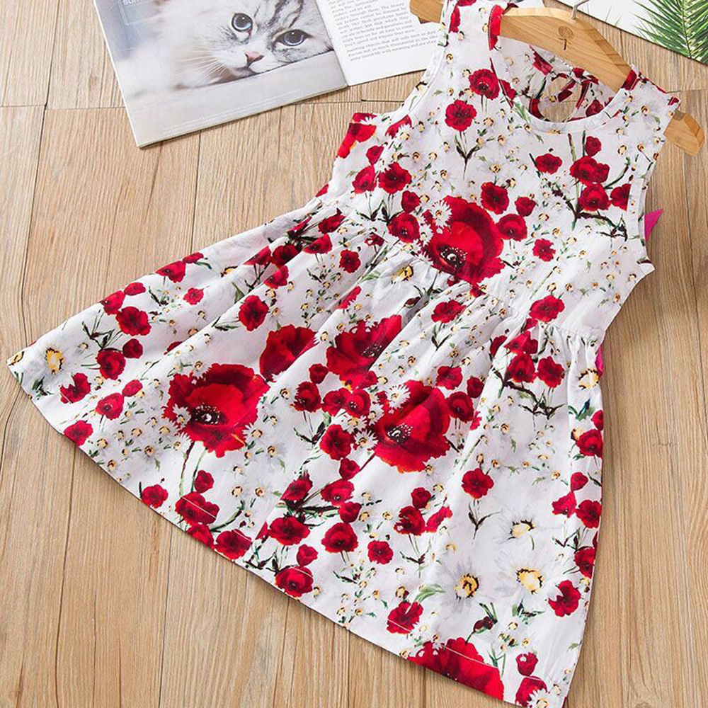 Girls Sleeveless Flower Printed Cotton And Flax Flower Dresses