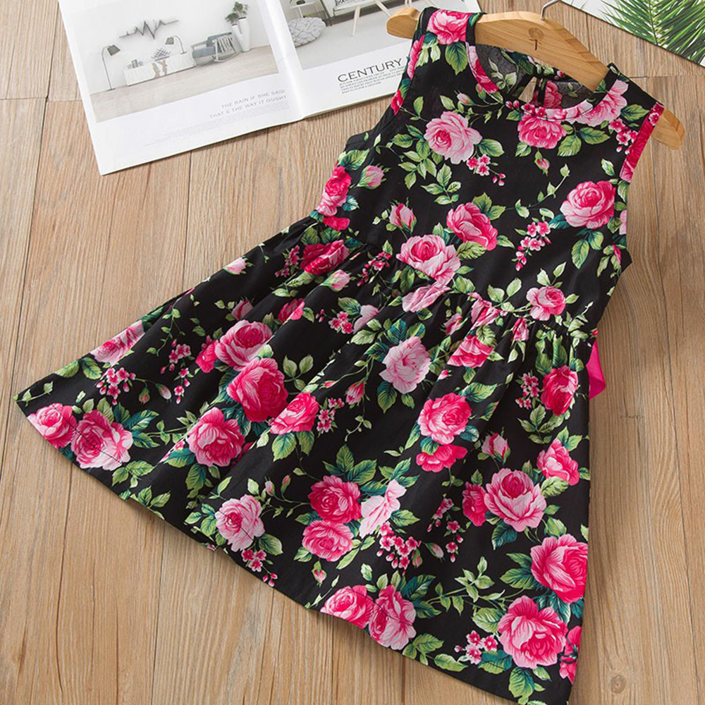 Girls Sleeveless Flower Printed Cotton And Flax Flower Dresses