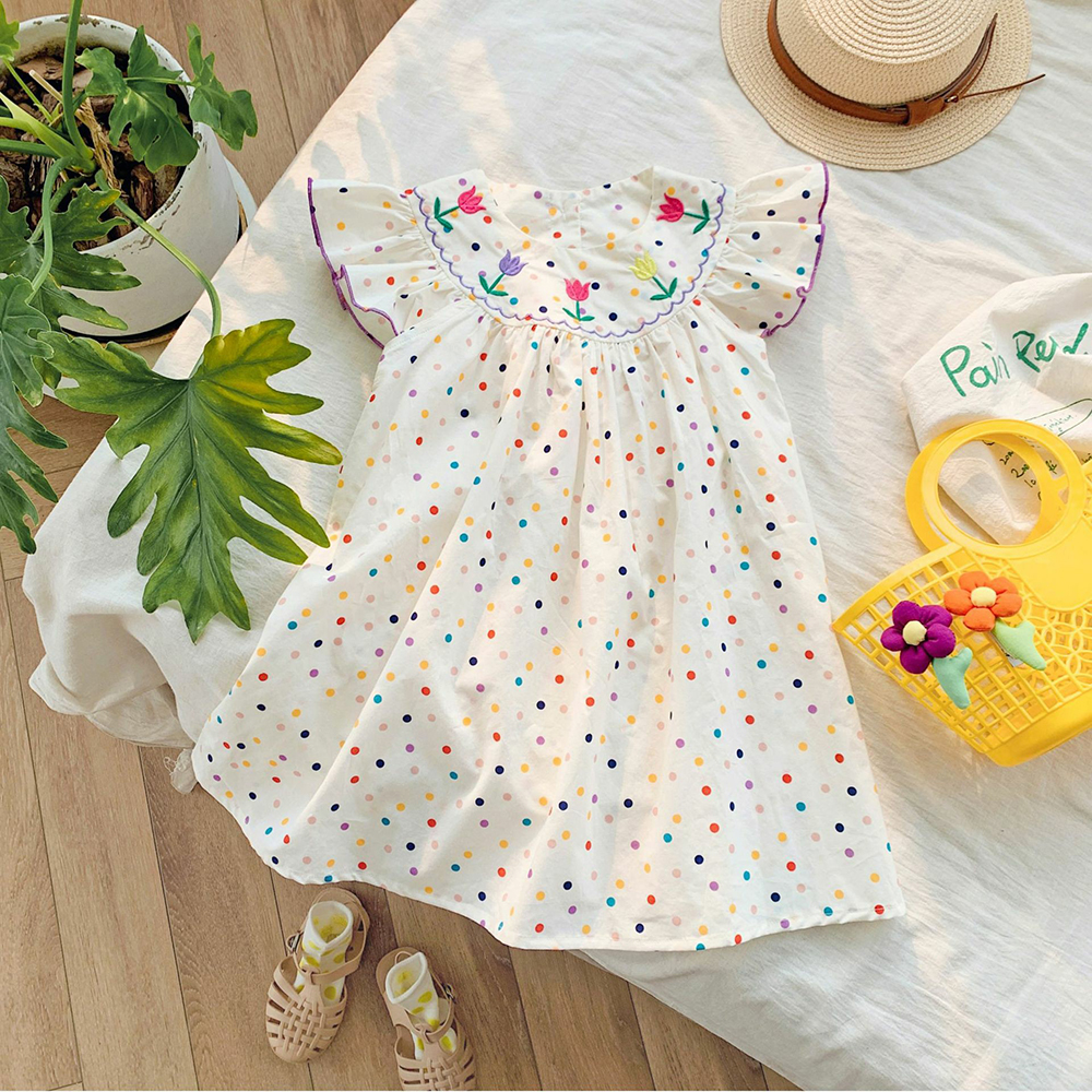Girl's Dress Fly Sleeve Sweet Princess Dresses Colorful Polka Dot Flower Embroidered Children's Clothing