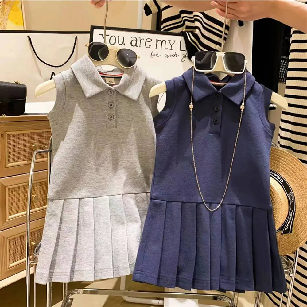 Fashion Kids Clothes Girls Dress Cute Preppy Style Pleated Dress Baby Girls Sleeveless Casual Dress