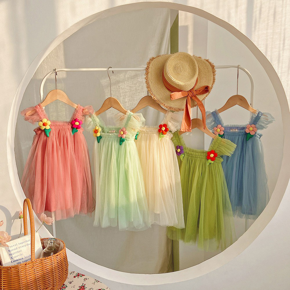 Beautiful Three-dimensional Flower Girls Mesh Dress Flying Sleeve Baby Puffy Dress Birthday Party Princess Dress