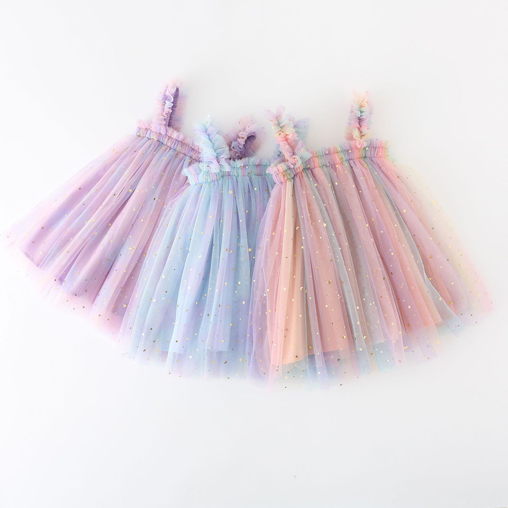 Girls Sequins Star Rainbow Sling Dresses Mesh Puffy Girls Birthday Party Dress Toddler Baby Photo Princess Dress