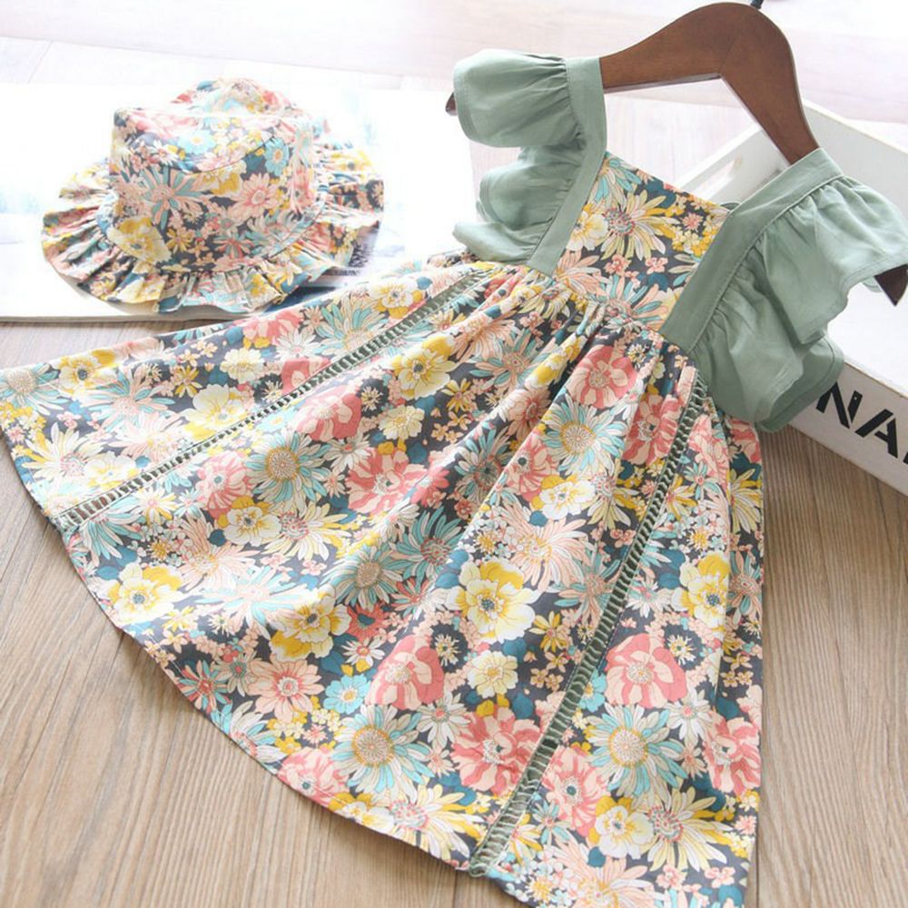 Girls Dress Send Hat Fashion Style Ruffle Sleeve Sweet Floral Princess Dress Casual Toddler Children Clothing