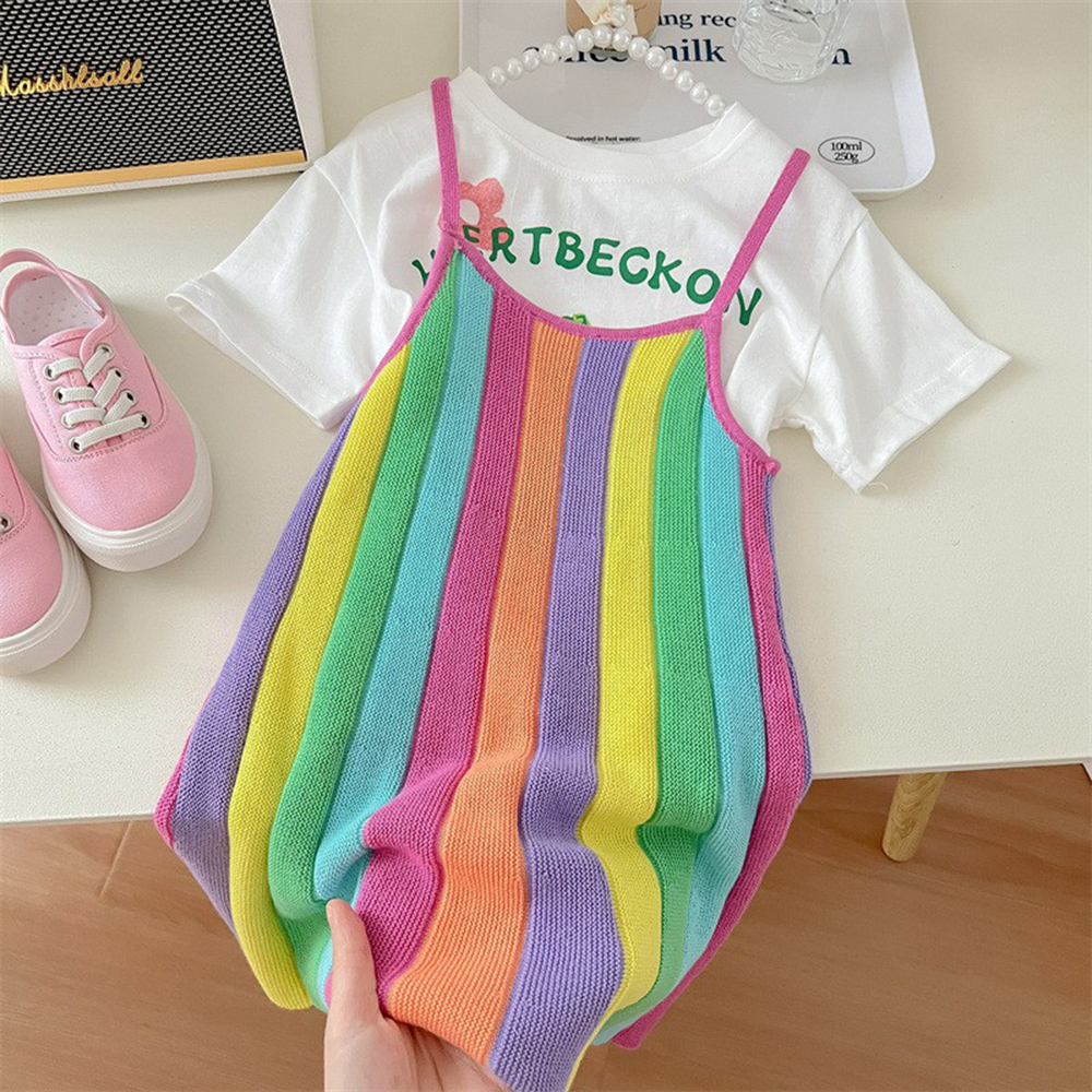 Kids Clothes For Baby Girls Cute Rabbit T-shirt + Rainbow Knitted Dress 2-piece Set Kawaii Skirt Sets