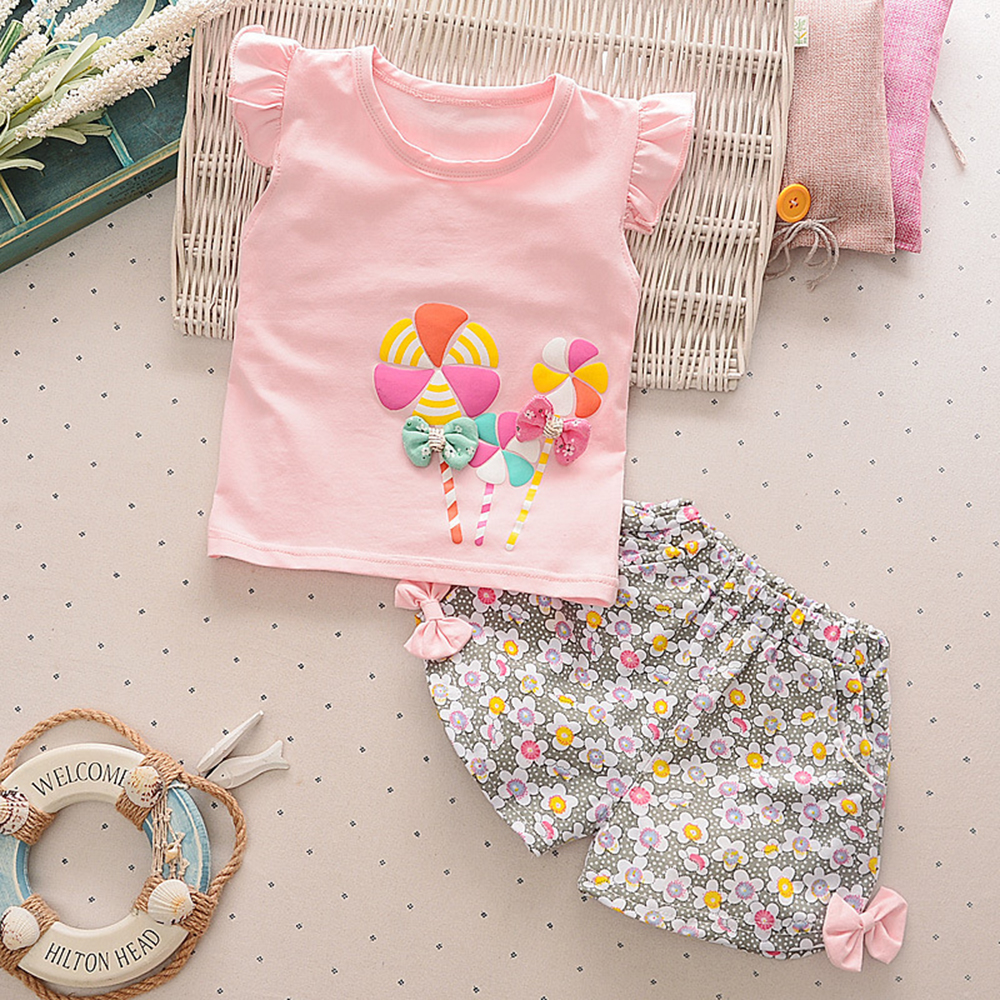 Cute Cartoon 2pcs Kids Baby Girls Floral T-shirt Top Shorts Pants Set Clothes Girls Clothing Sets