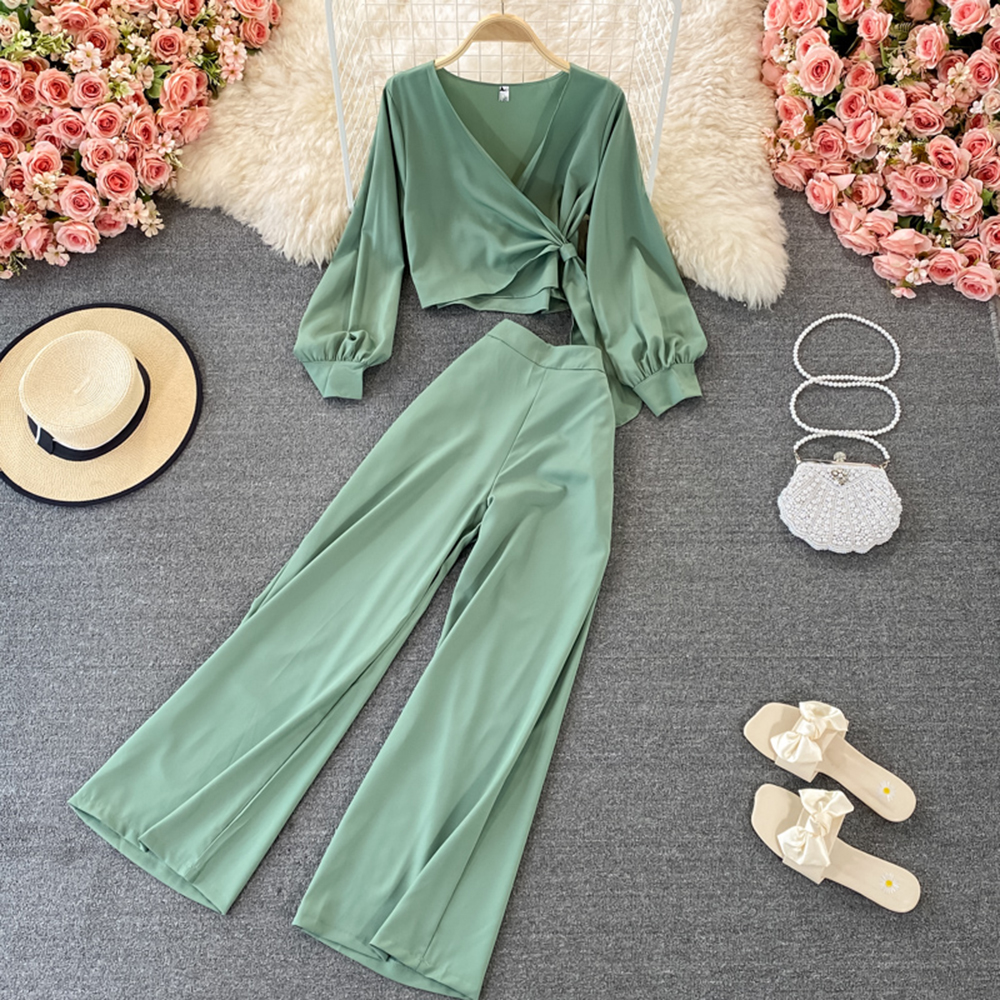 Fashion Women Elegant Casual Pantsuit Vintage Cropped Tops Straight Trousers 2 Pieces Set Female Chic Holiday Outfits