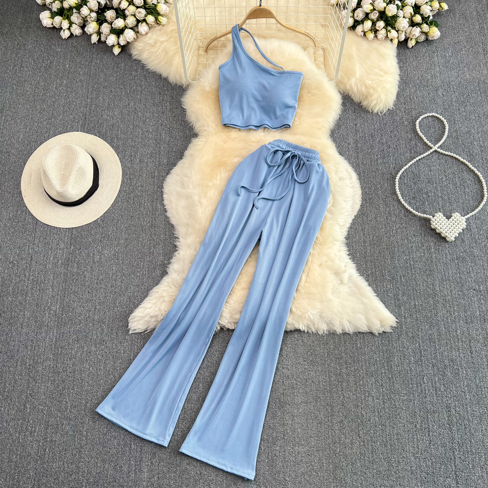 Elegant Women Fashion Tracksuit Sexy Shorts Tops Flare Pantsuit Female Solid Beach 2 Pieces Outfits Clothes