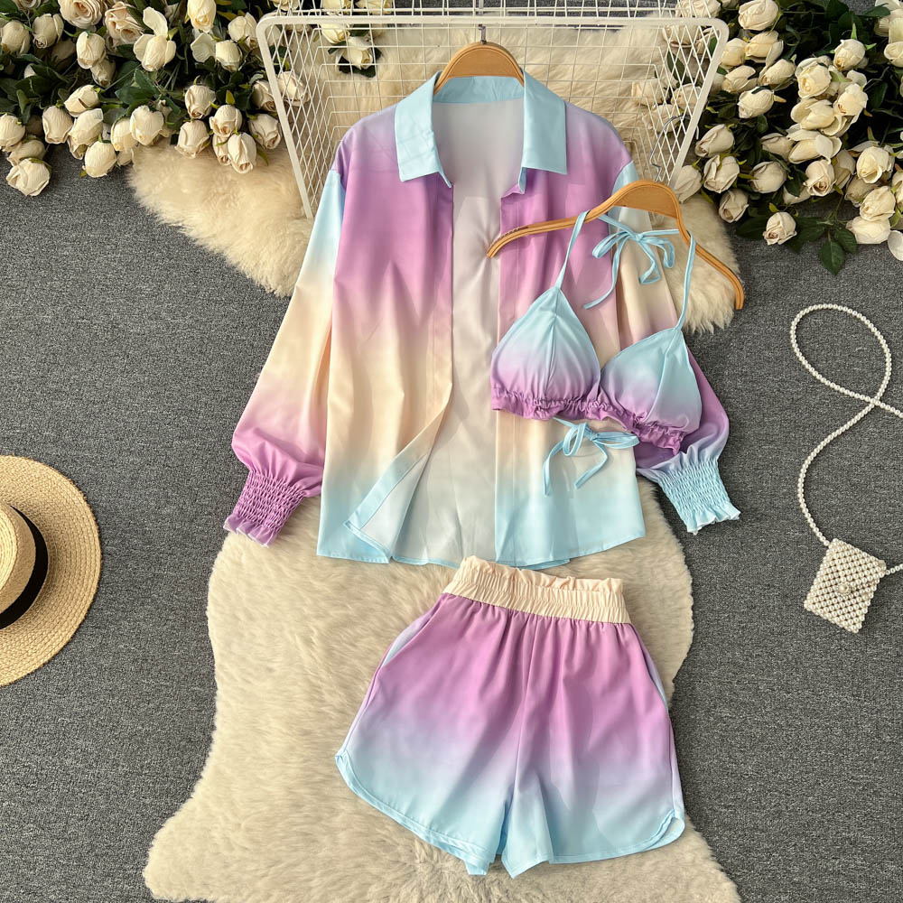 Sexy Women Floral Shorts Suit Casual Elegant Shirts Crop Tops And Pant Outfits Female Fashion Holiday 3 Pieces Set