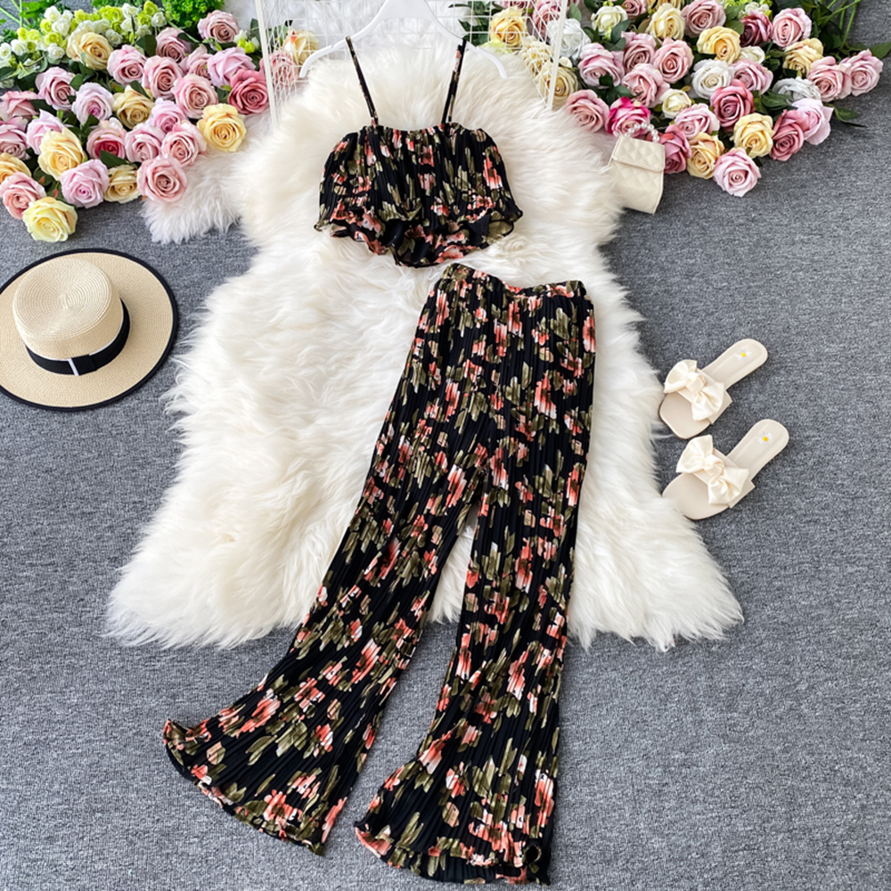 Women Fashion Floral Elegant Pantsuit Sleeveless Cropped Tops Wide-leg Trousers Two Pieces Set Beach Outfits