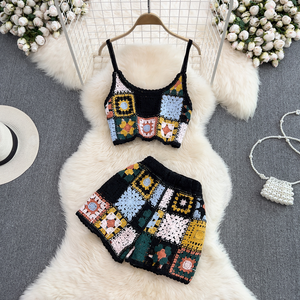 Women Casual Sleeveless Hollow Out Knitted Short Strap Tops & Shorts Two Piece Suits Female Beach Clothing