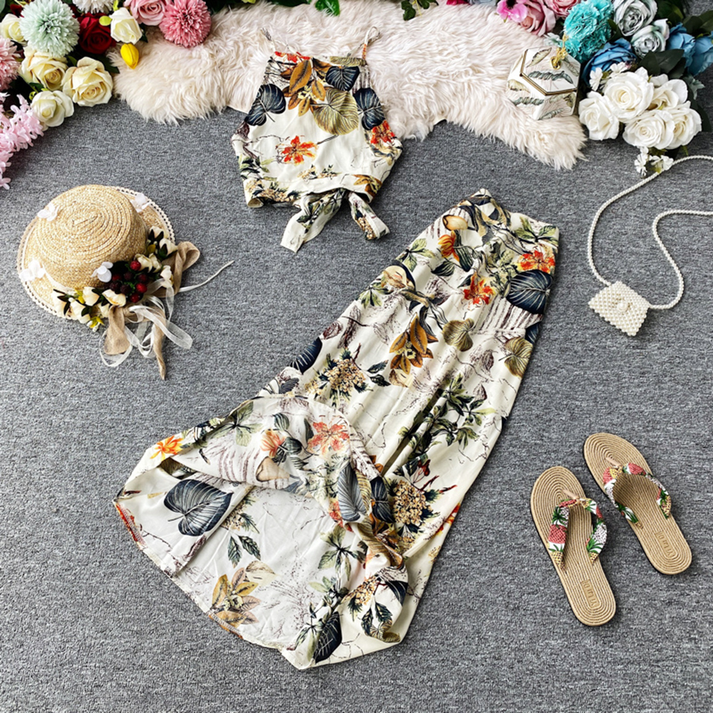 Elegant Floral Skirts Suit Women Spaghetti Strap Tanks Top High Waist Two Pieces Set Female Beach Occasion Clothes