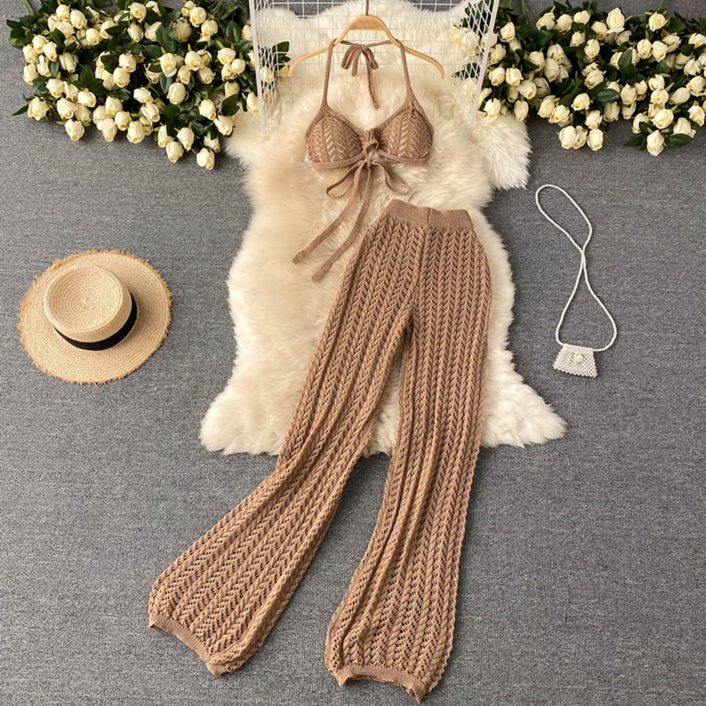 Women Sexy Knitted Pants Set Backless Short Tops & Chic Hollow Knitted Long Pants Lady Two Piece Suit