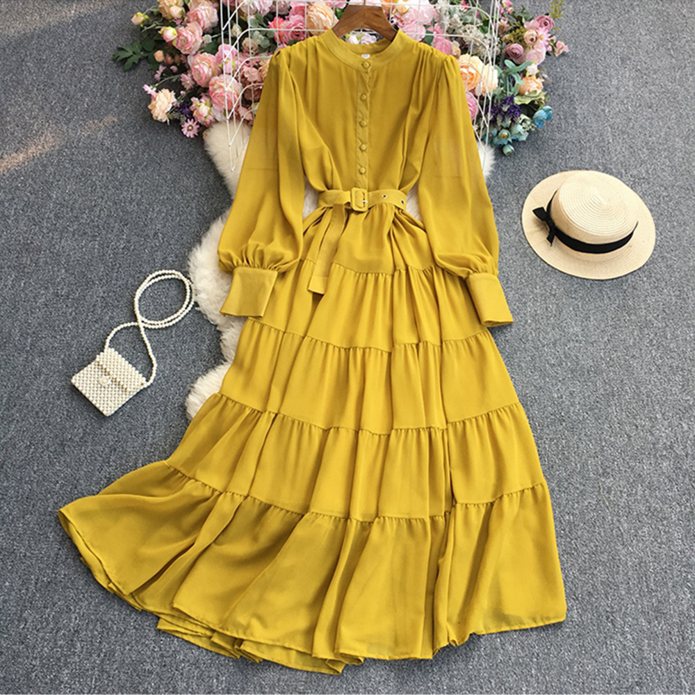 Women Chic Pleated Elegant Midi Shirts Dress Vintage A-line Party Birthday Vestidos With Belted Female Fashion Prom Robe