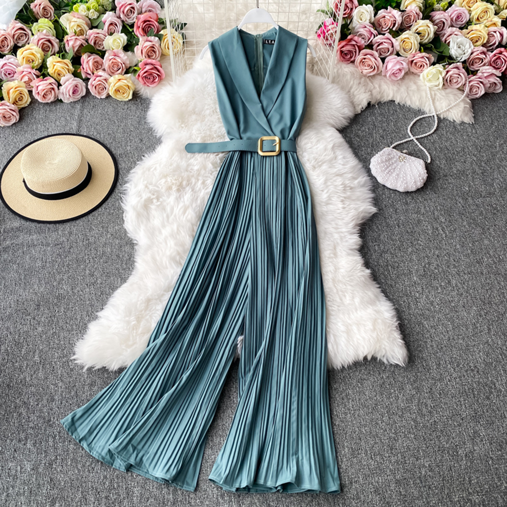 Vintage Notched Collar Rompers For Women Office Lady Casual Sleeveless High Waist Wide Leg Jumpsuit